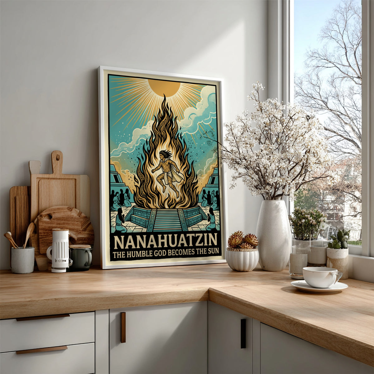 Nanahuatzin poster featuring an Aztec god rising from flames towards a bright sun