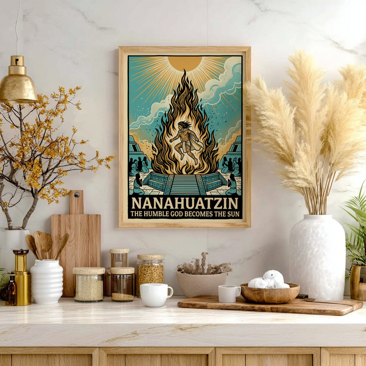 Nanahuatzin poster featuring an Aztec god rising from flames towards a bright sun