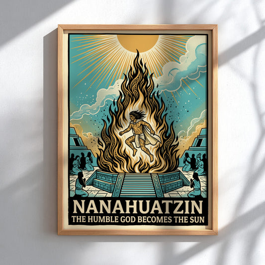 Nanahuatzin poster featuring an Aztec god rising from flames towards a bright sun