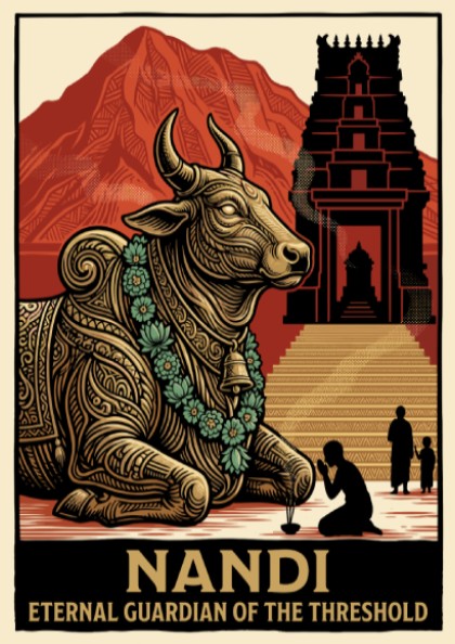 Nandi Eternal Guardian poster displaying a sacred bull statue before a temple in crimson.