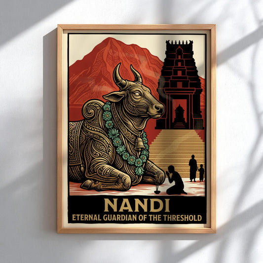 Nandi Eternal Guardian poster displaying a sacred bull statue before a temple in crimson.