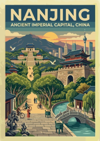 Nanjing travel poster featuring a vintage cityscape with sunset colors and traditional architecture