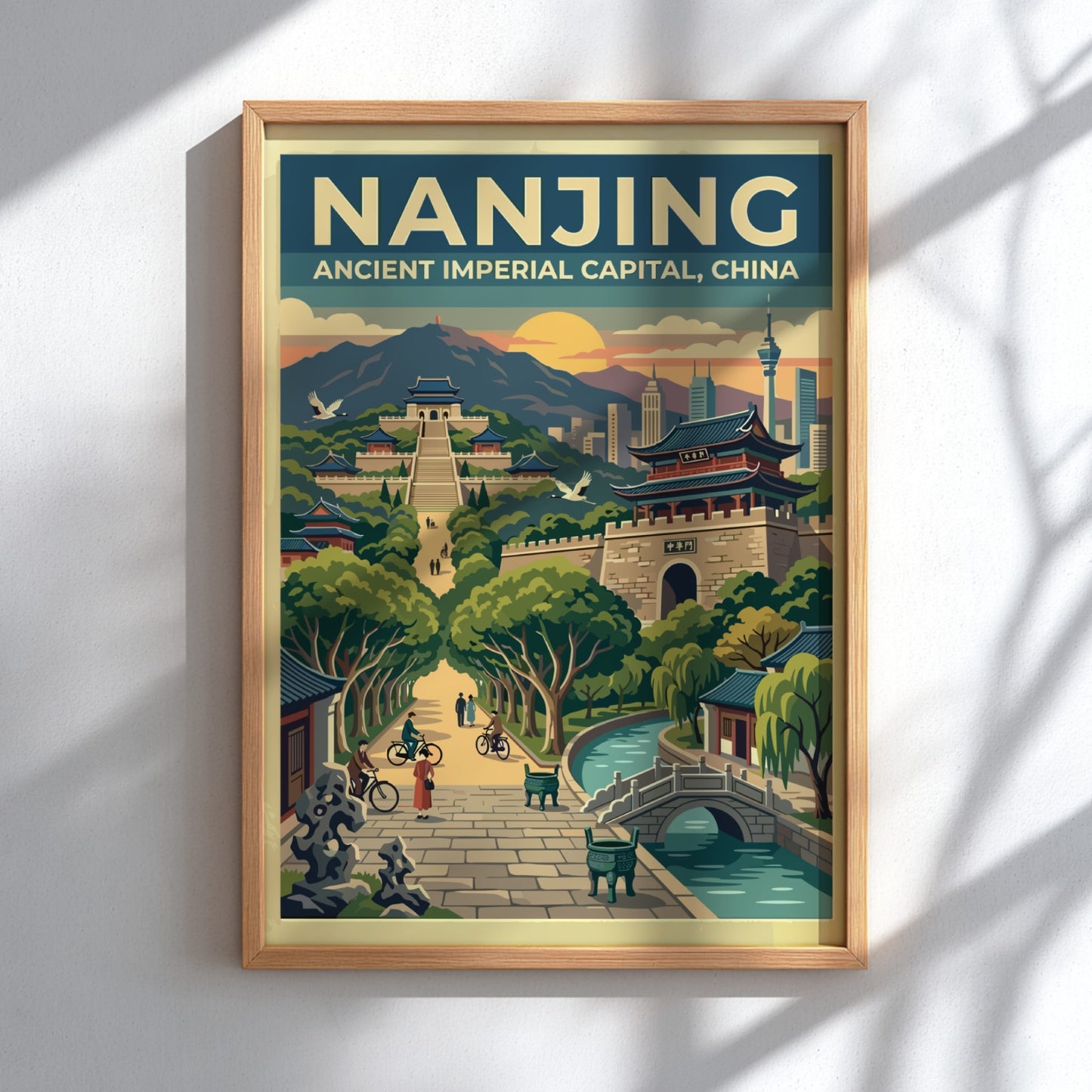 Nanjing travel poster featuring a vintage cityscape with sunset colors and traditional architecture