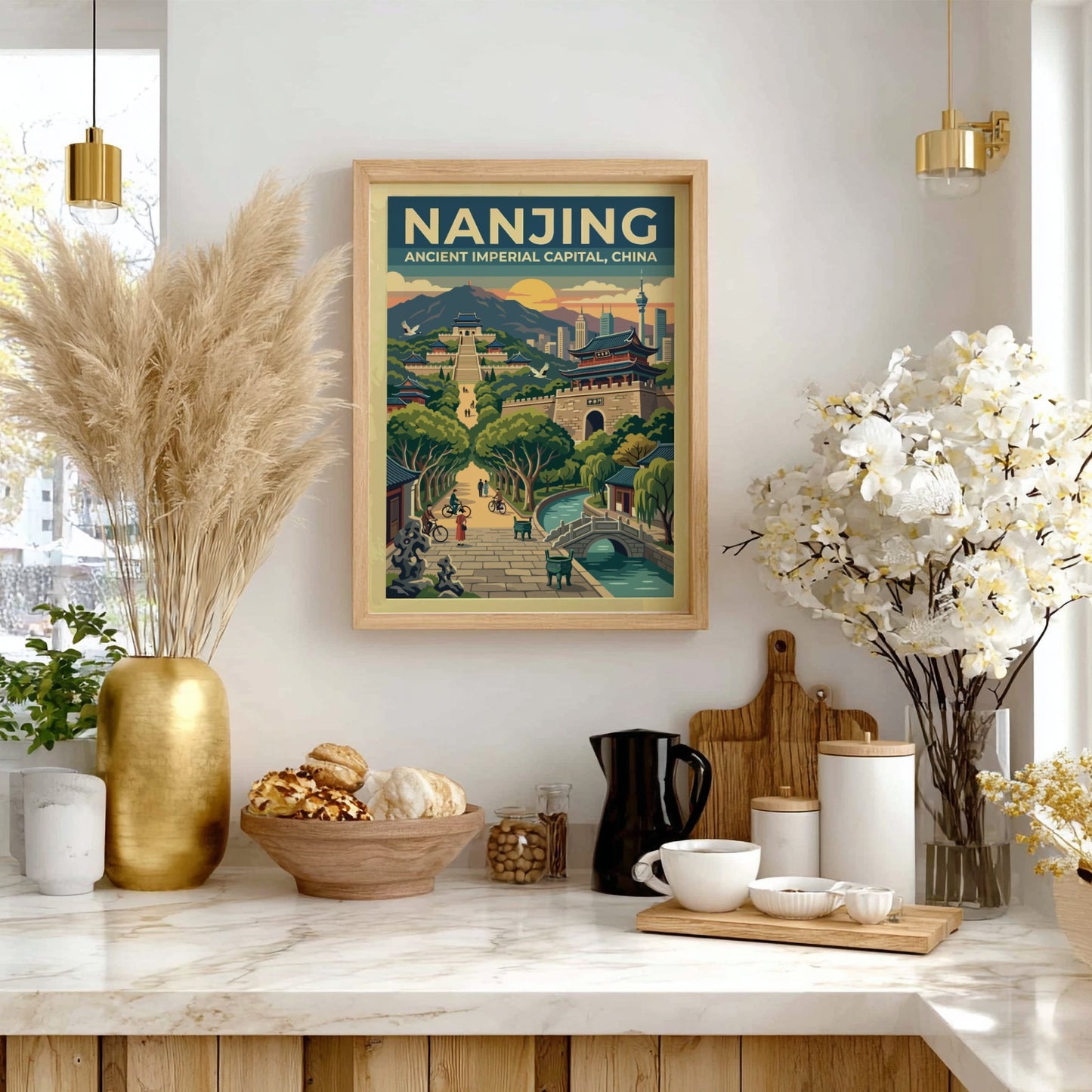 Nanjing travel poster featuring a vintage cityscape with sunset colors and traditional architecture