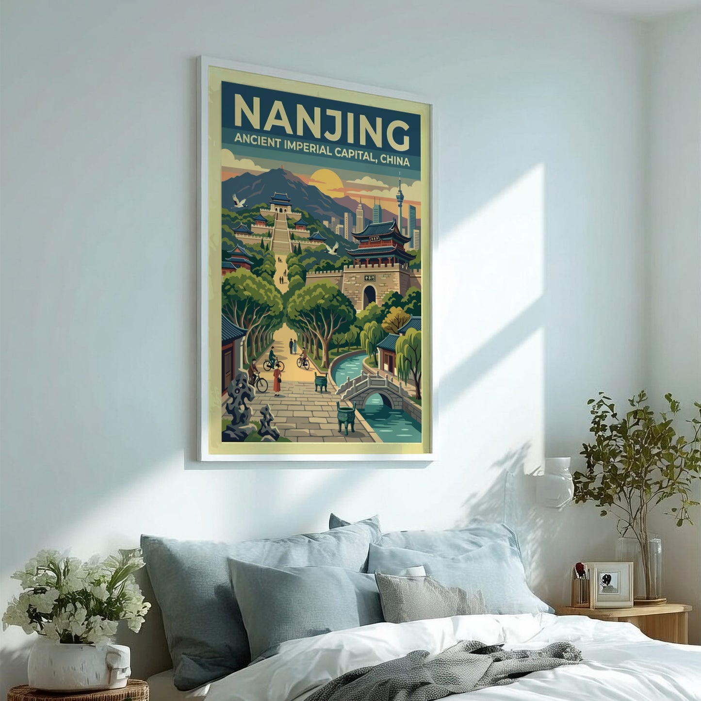 Nanjing travel poster featuring a vintage cityscape with sunset colors and traditional architecture