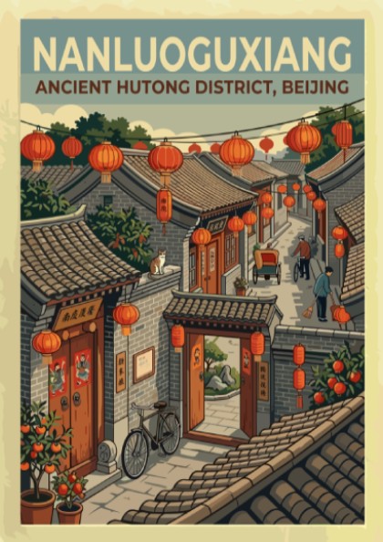 Nanluoguxiang Hutong Beijing travel poster featuring traditional architecture and red lanterns in a vintage