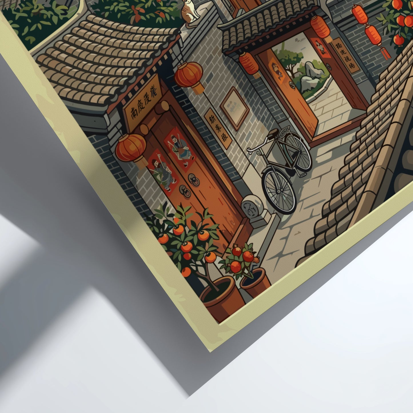 Nanluoguxiang Hutong Beijing travel poster featuring traditional architecture and red lanterns in a vintage