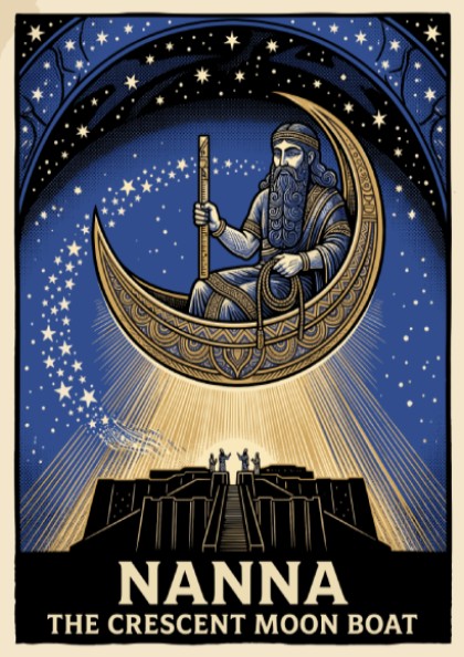 Poster featuring Nanna in a golden crescent moon boat above a dark ziggurat