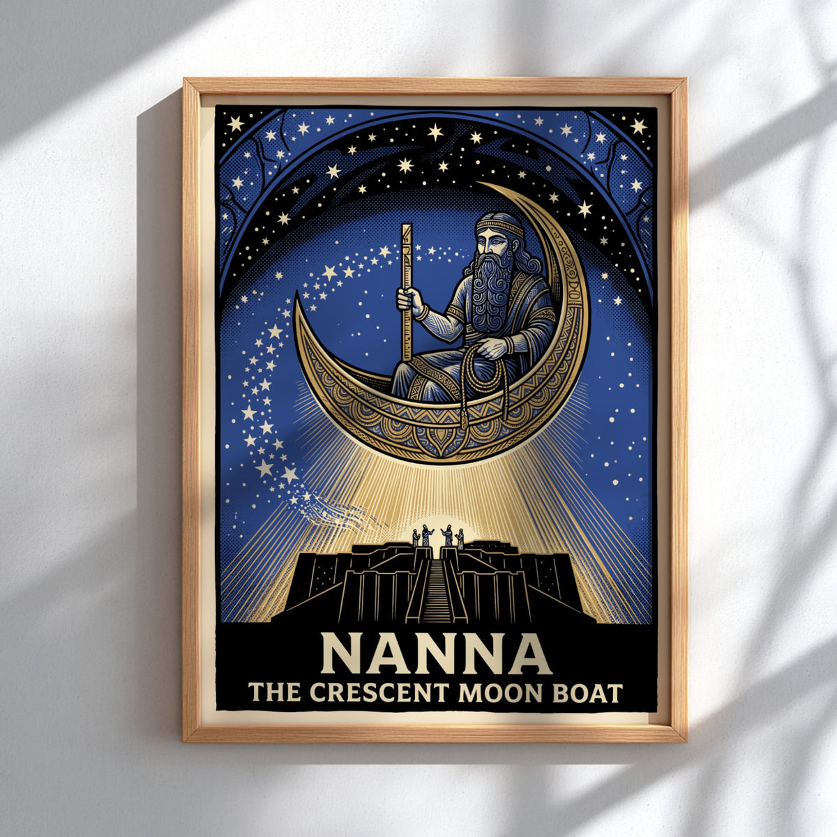 Poster featuring Nanna in a golden crescent moon boat above a dark ziggurat