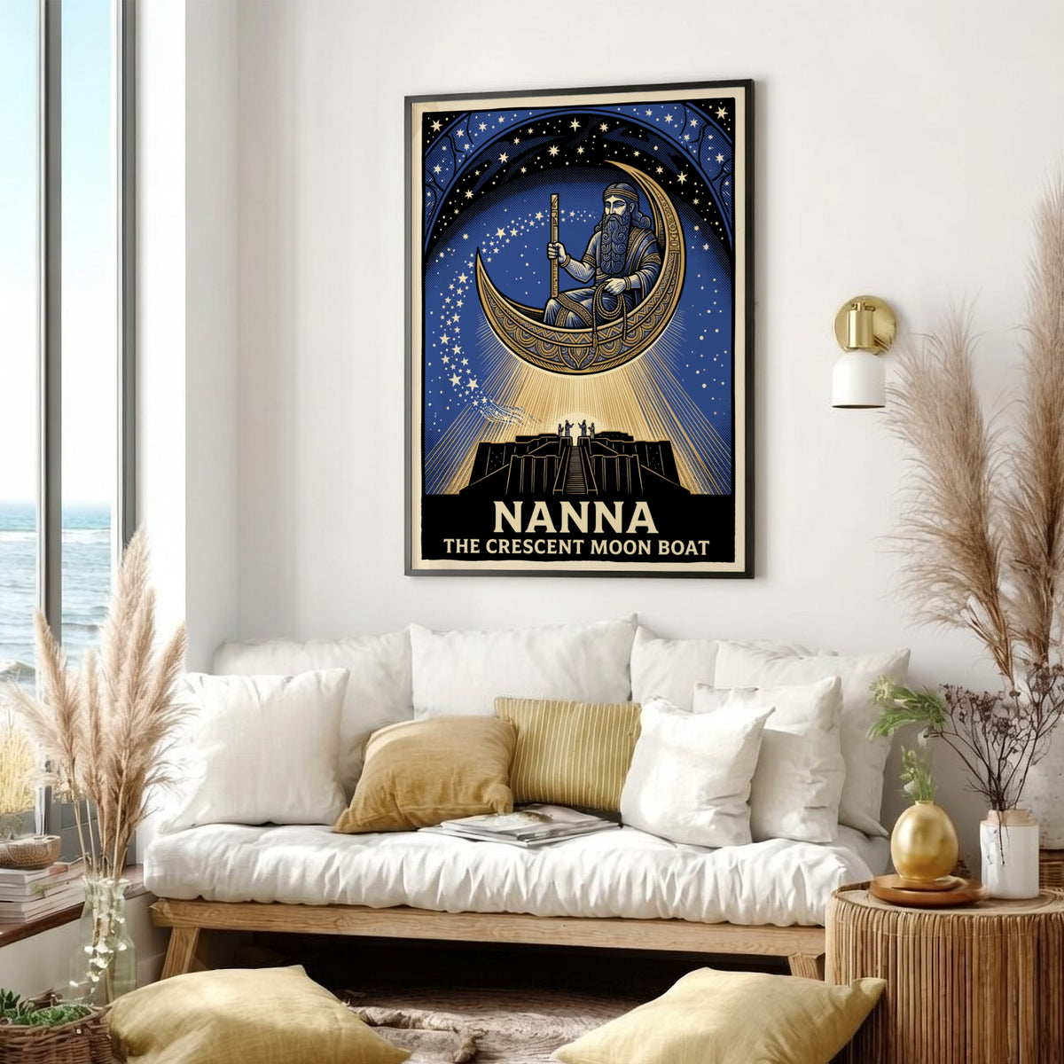 Poster featuring Nanna in a golden crescent moon boat above a dark ziggurat