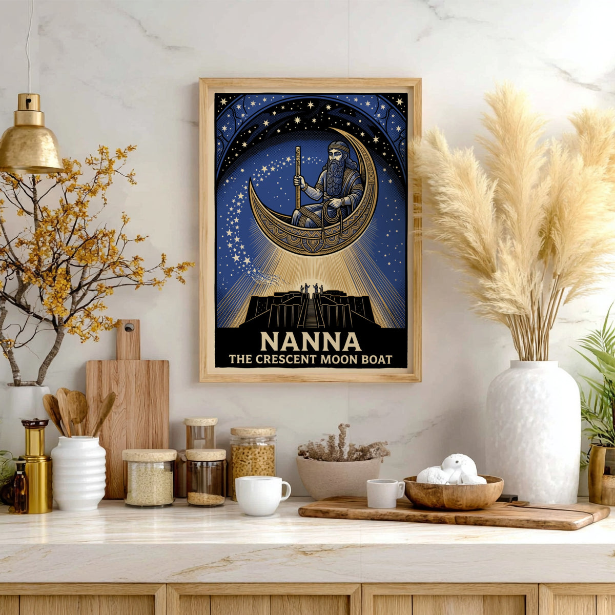 Poster featuring Nanna in a golden crescent moon boat above a dark ziggurat