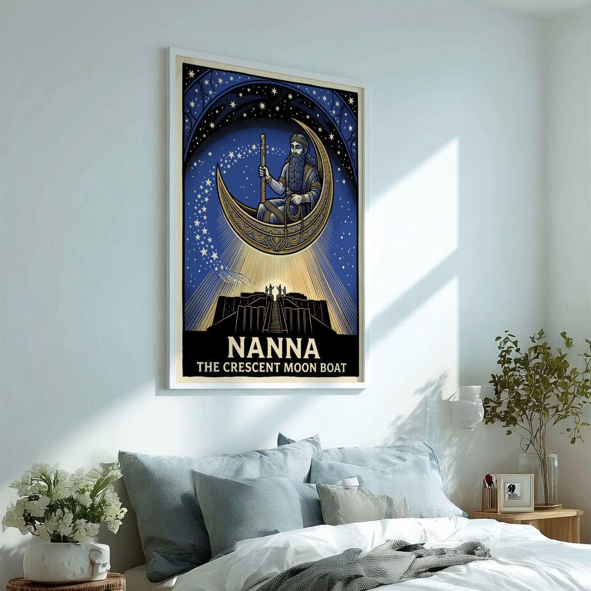 Poster featuring Nanna in a golden crescent moon boat above a dark ziggurat