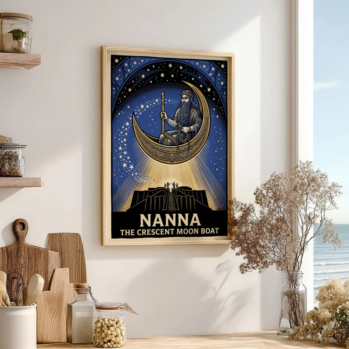 Poster featuring Nanna in a golden crescent moon boat above a dark ziggurat