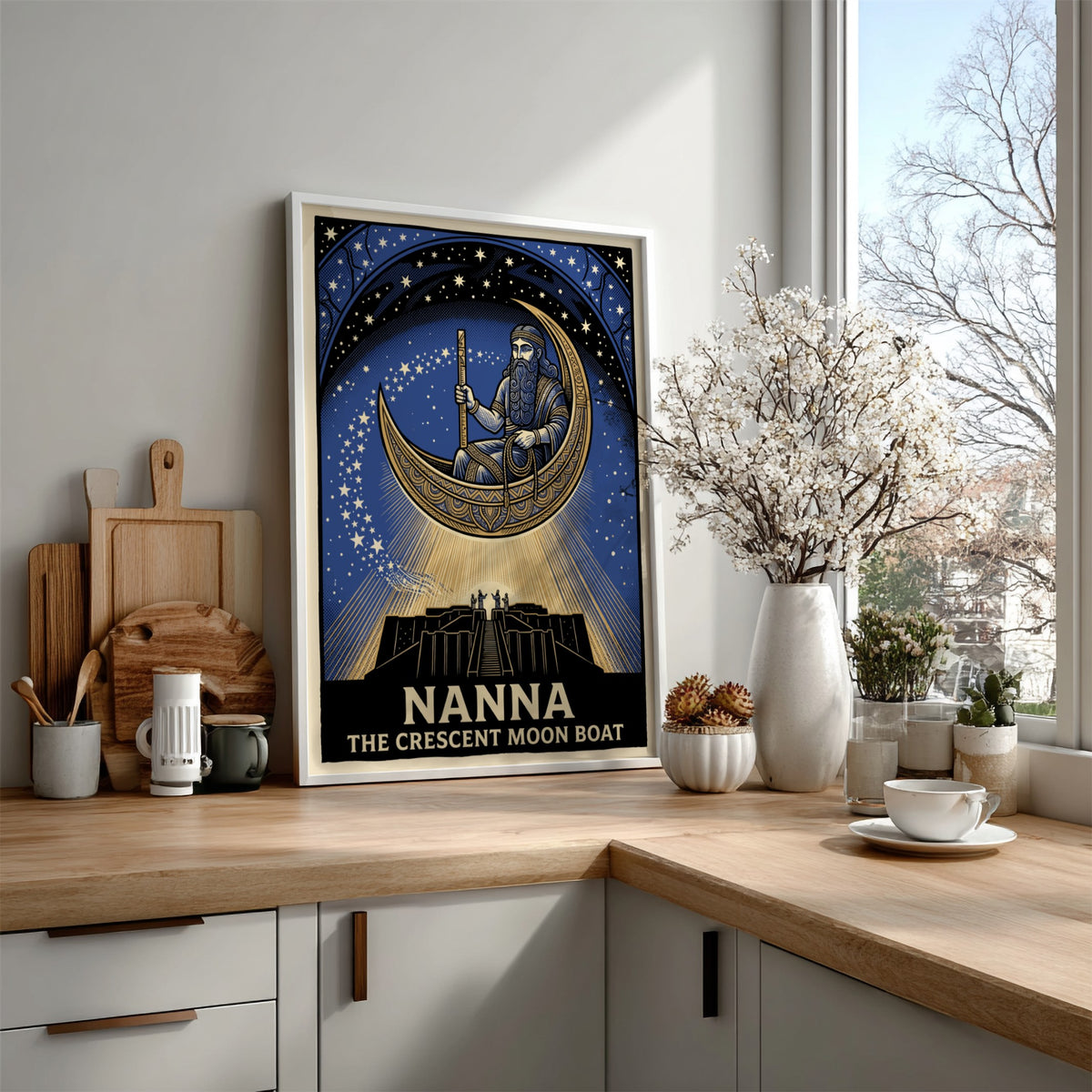 Poster featuring Nanna in a golden crescent moon boat above a dark ziggurat