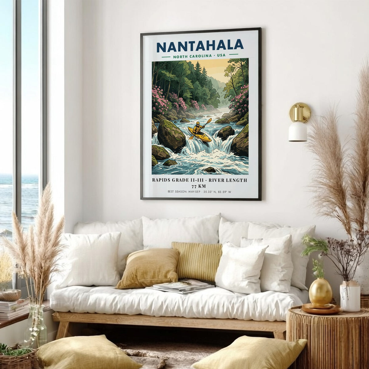 Nantahala kayaking travel poster featuring a kayaker on river rapids in North Carolina.
