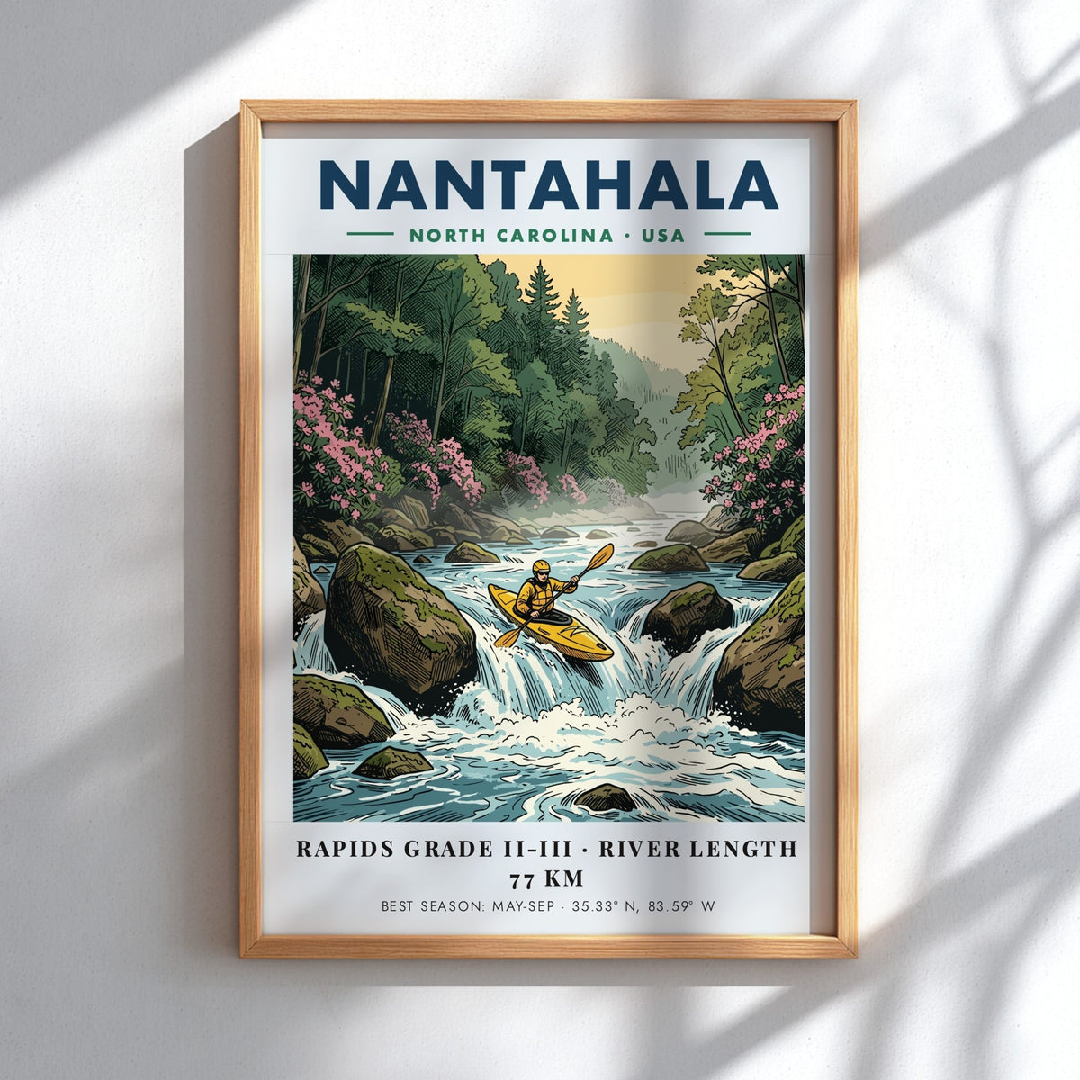 Nantahala kayaking travel poster featuring a kayaker on river rapids in North Carolina.