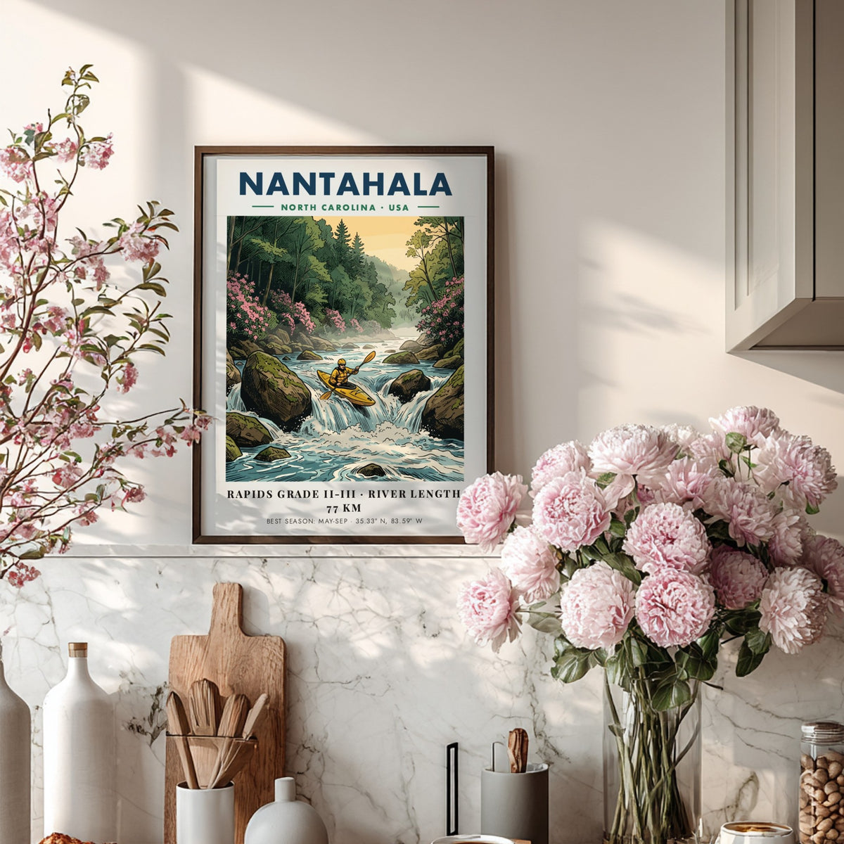 Nantahala kayaking travel poster featuring a kayaker on river rapids in North Carolina.