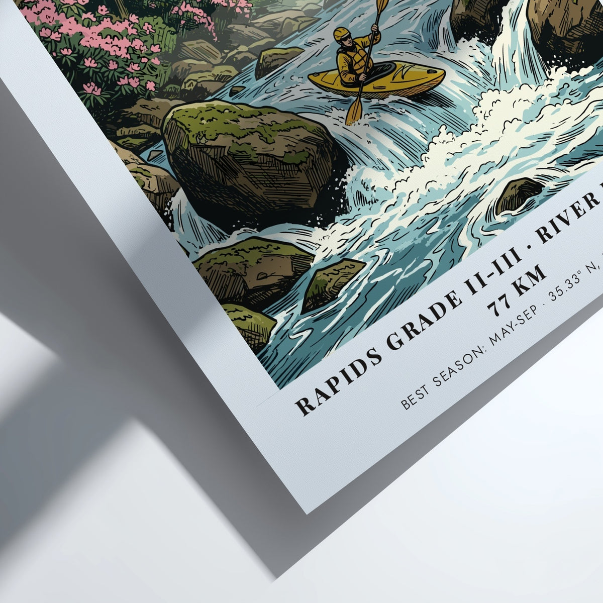 Nantahala kayaking travel poster featuring a kayaker on river rapids in North Carolina.