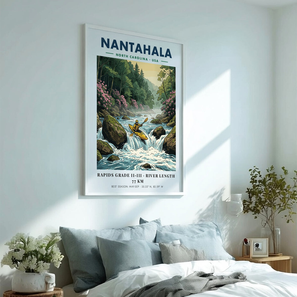 Nantahala kayaking travel poster featuring a kayaker on river rapids in North Carolina.