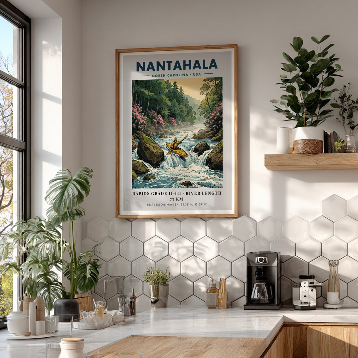 Nantahala kayaking travel poster featuring a kayaker on river rapids in North Carolina.