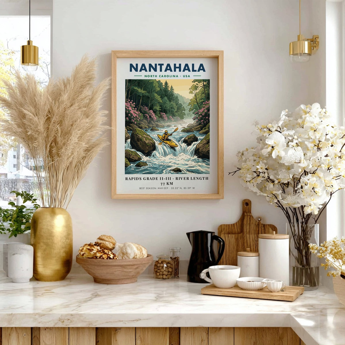 Nantahala kayaking travel poster featuring a kayaker on river rapids in North Carolina.