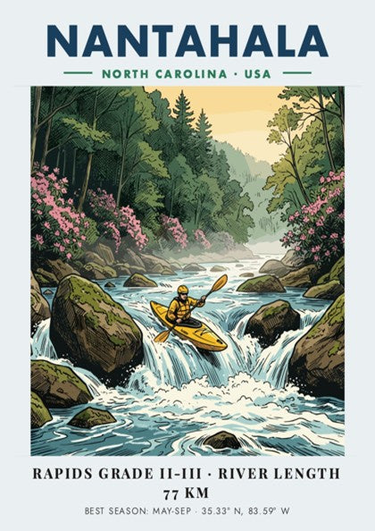 Nantahala kayaking travel poster featuring a kayaker on river rapids in North Carolina.
