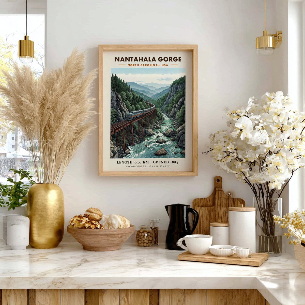 Poster of a train on a trestle bridge in Nantahala Gorge North Carolina.