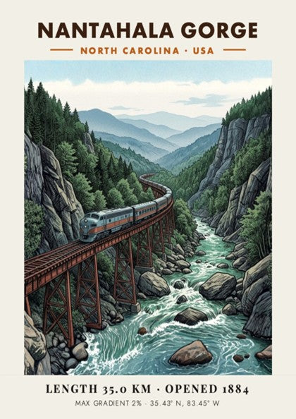 Poster of a train on a trestle bridge in Nantahala Gorge North Carolina.