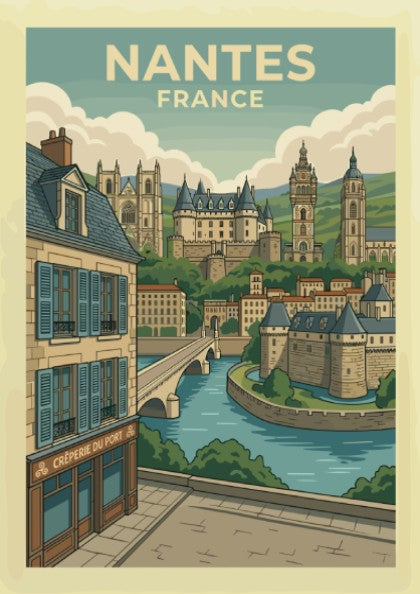 Nantes France travel poster featuring historic architecture, river, and bridge in a vintage illustration