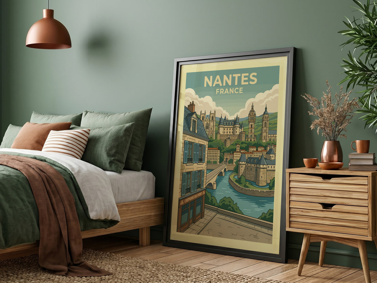 Nantes France travel poster featuring historic architecture, river, and bridge in a vintage illustration