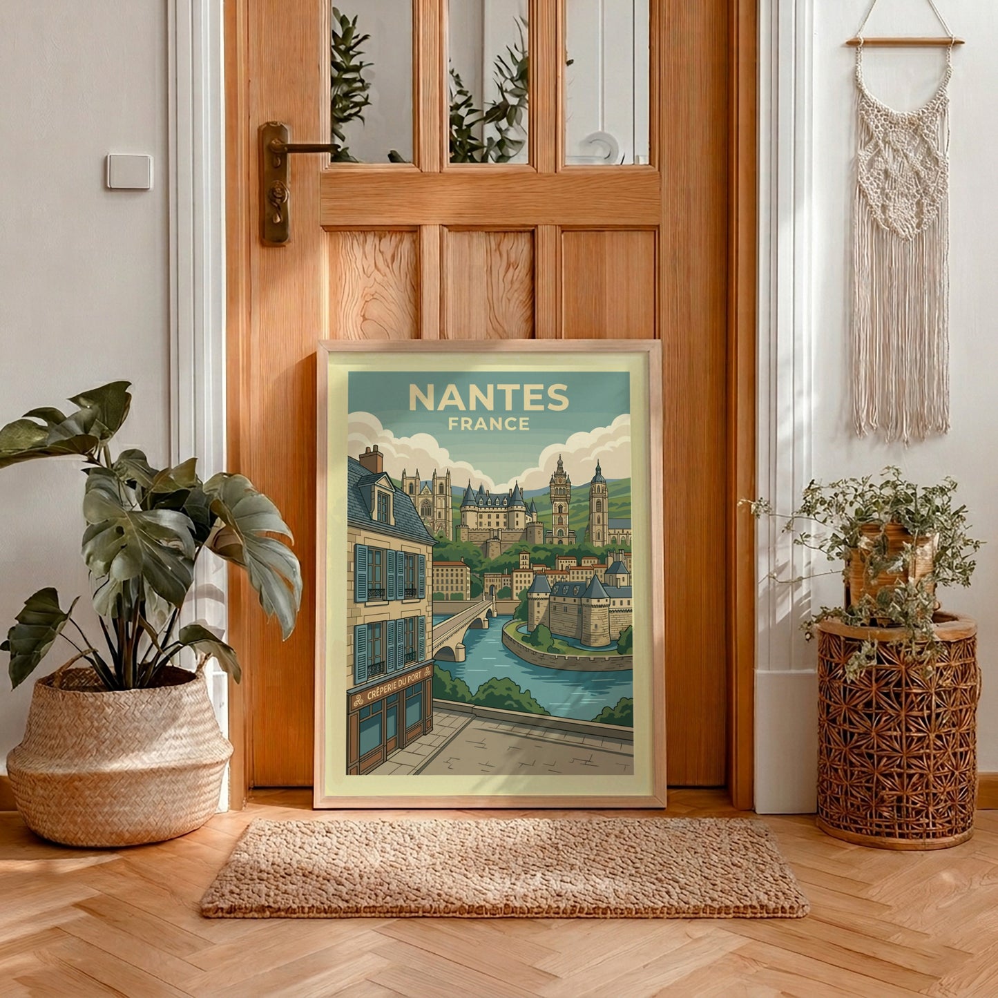 Nantes France travel poster featuring historic architecture, river, and bridge in a vintage illustration