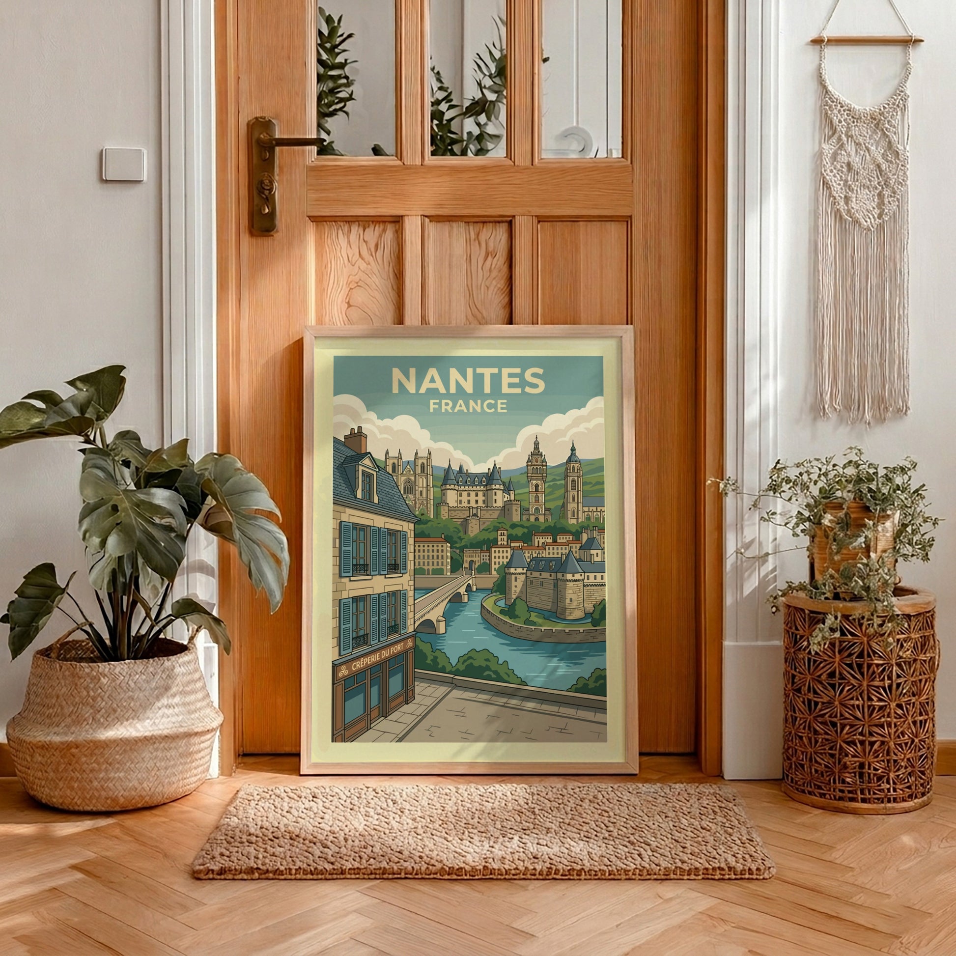 Nantes France travel poster featuring historic architecture, river, and bridge in a vintage illustration