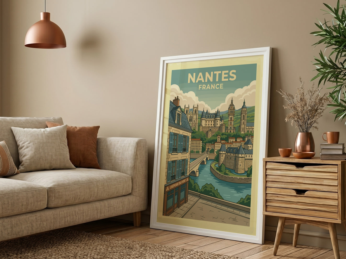 Nantes France travel poster featuring historic architecture, river, and bridge in a vintage illustration