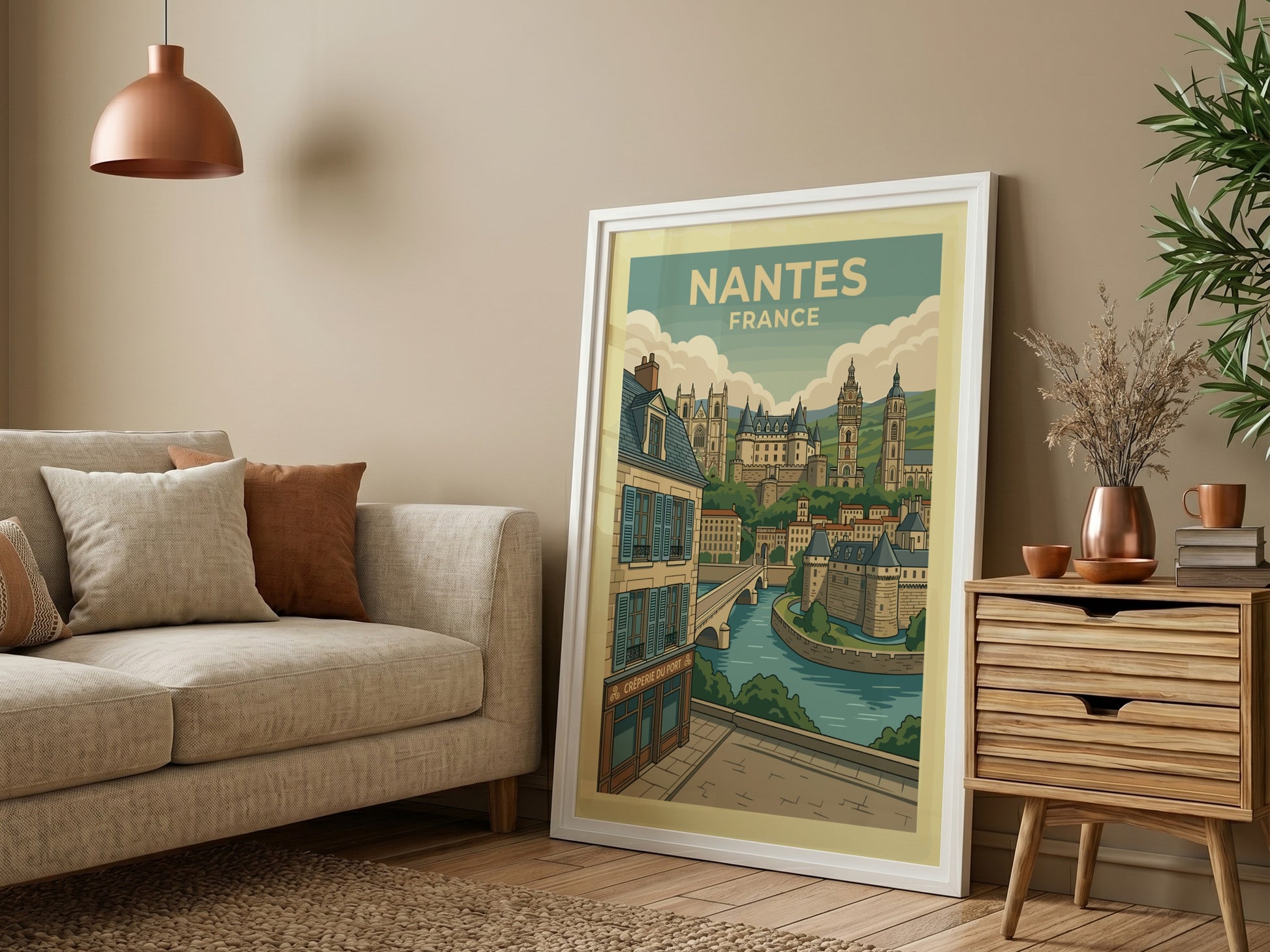 Nantes France travel poster featuring historic architecture, river, and bridge in a vintage illustration
