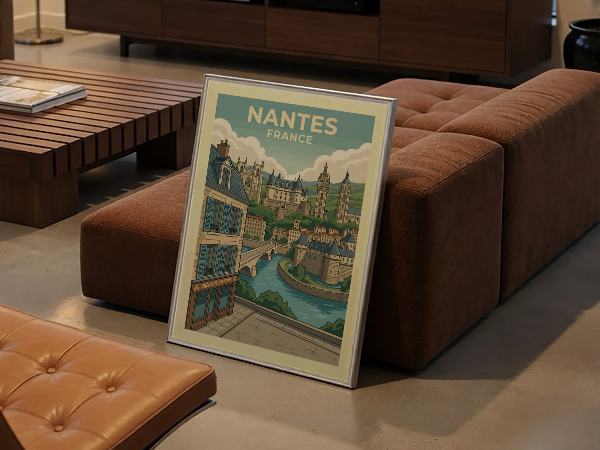 Nantes France travel poster featuring historic architecture, river, and bridge in a vintage illustration