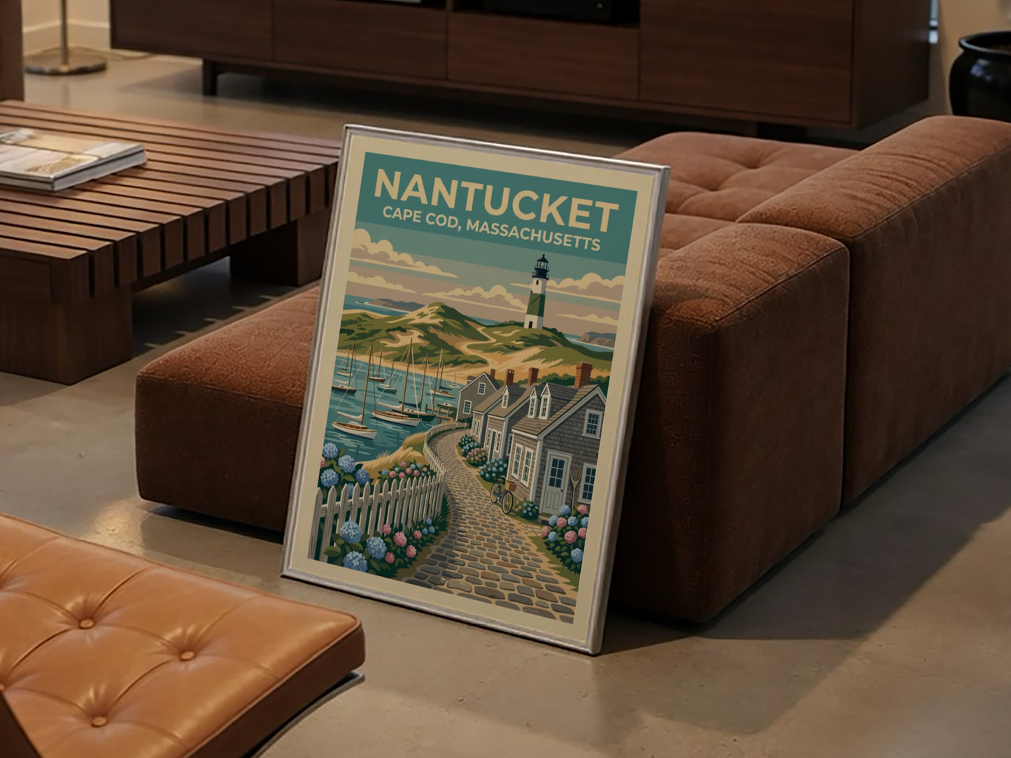 Travel poster of a Nantucket lighthouse and cobblestone path with blue hydrangea flowers.