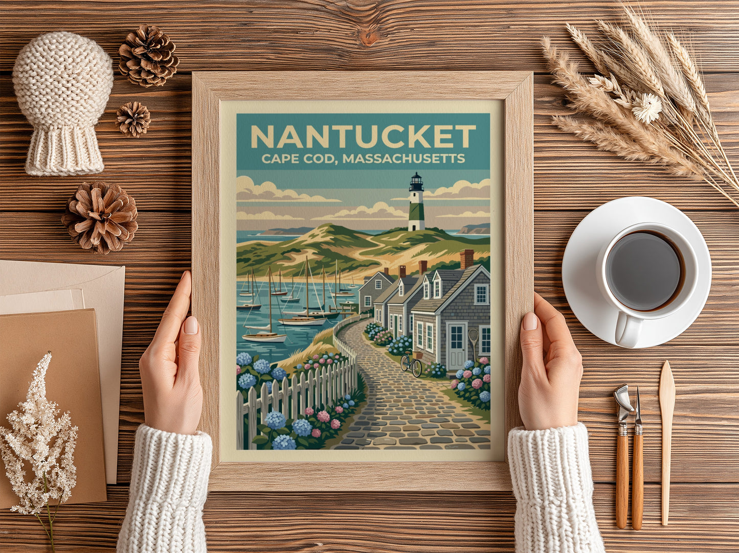 Travel poster of a Nantucket lighthouse and cobblestone path with blue hydrangea flowers.