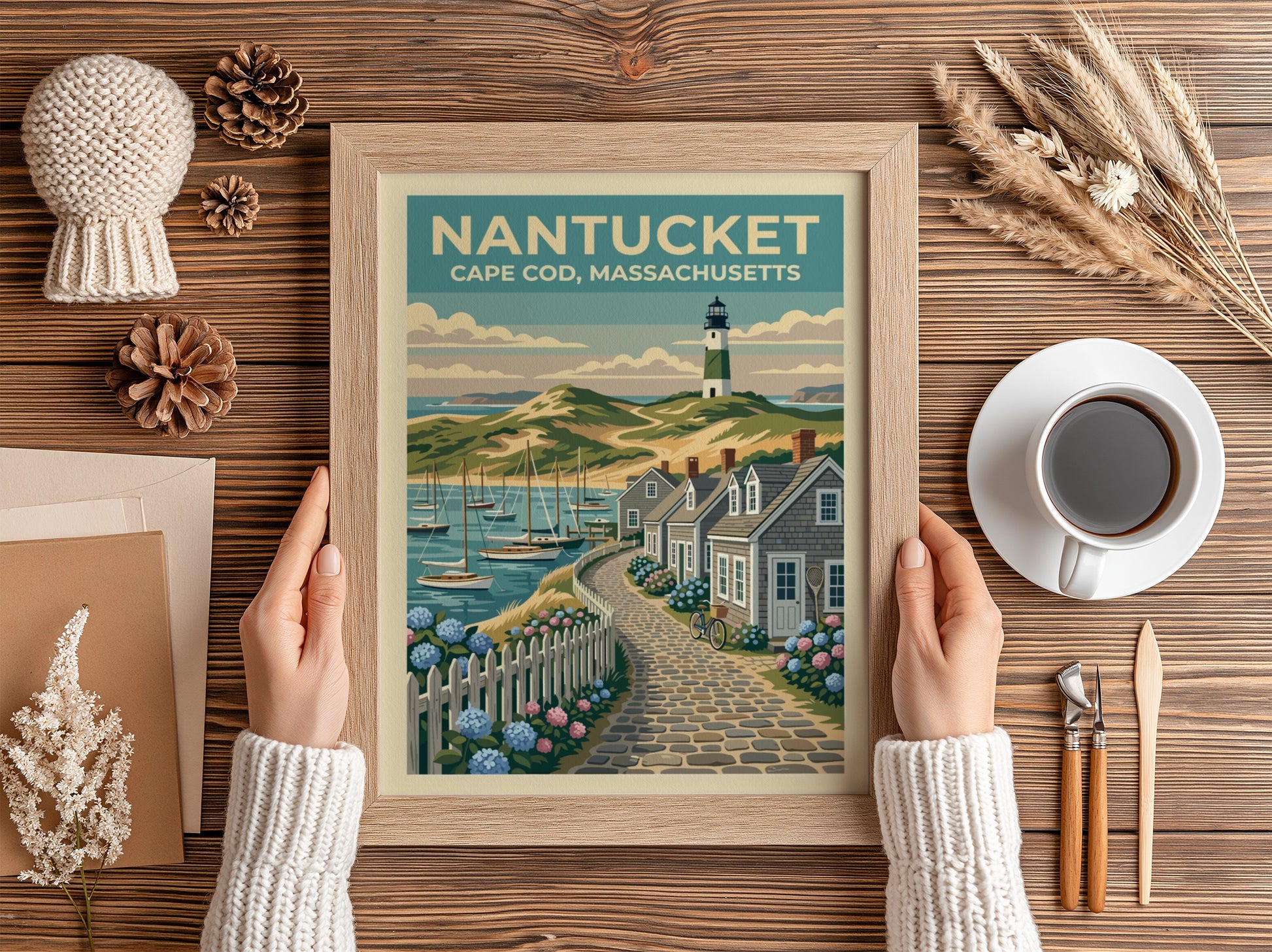 Travel poster of a Nantucket lighthouse and cobblestone path with blue hydrangea flowers.