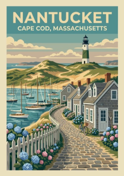 Travel poster of a Nantucket lighthouse and cobblestone path with blue hydrangea flowers.