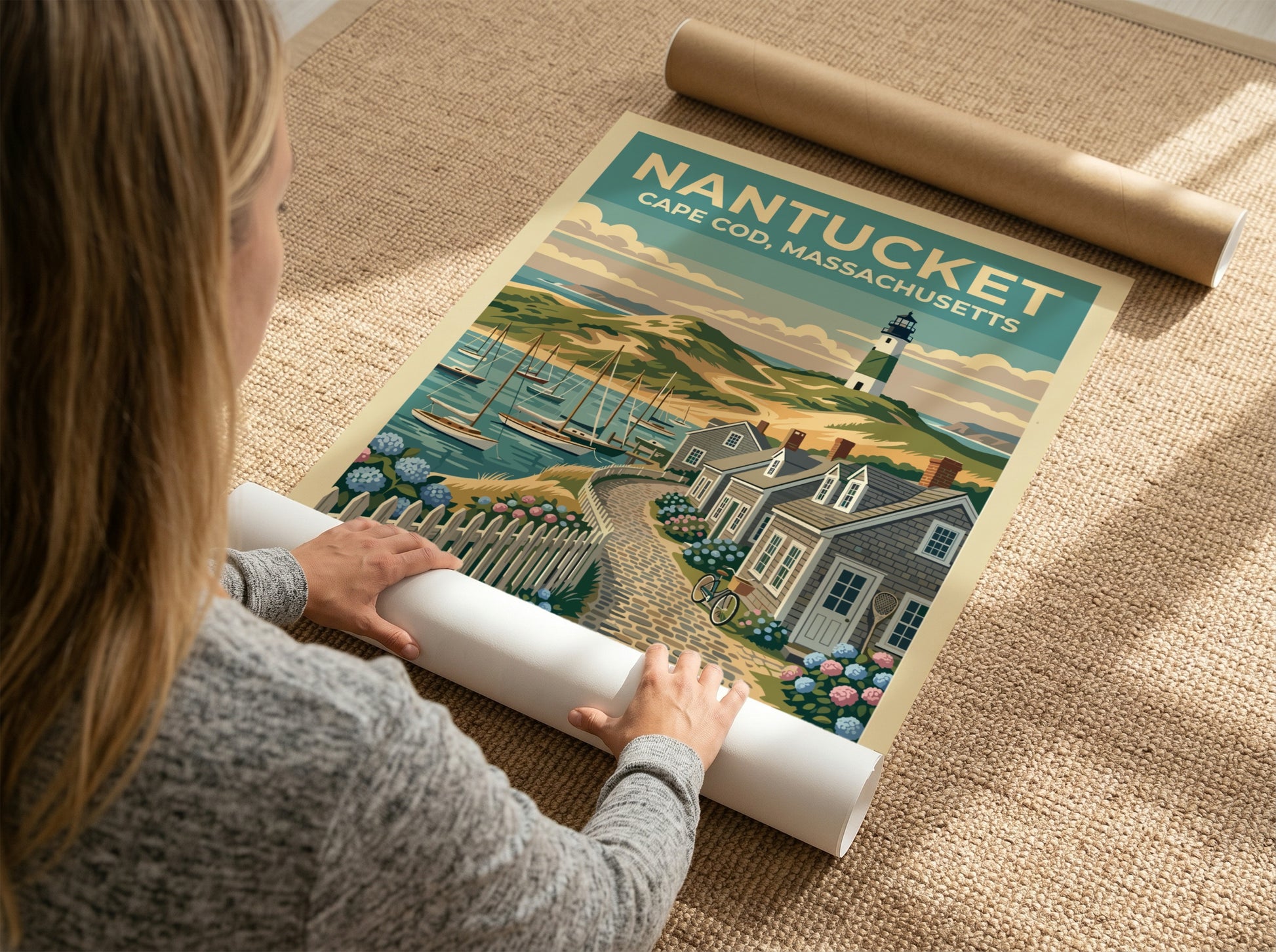 Travel poster of a Nantucket lighthouse and cobblestone path with blue hydrangea flowers.