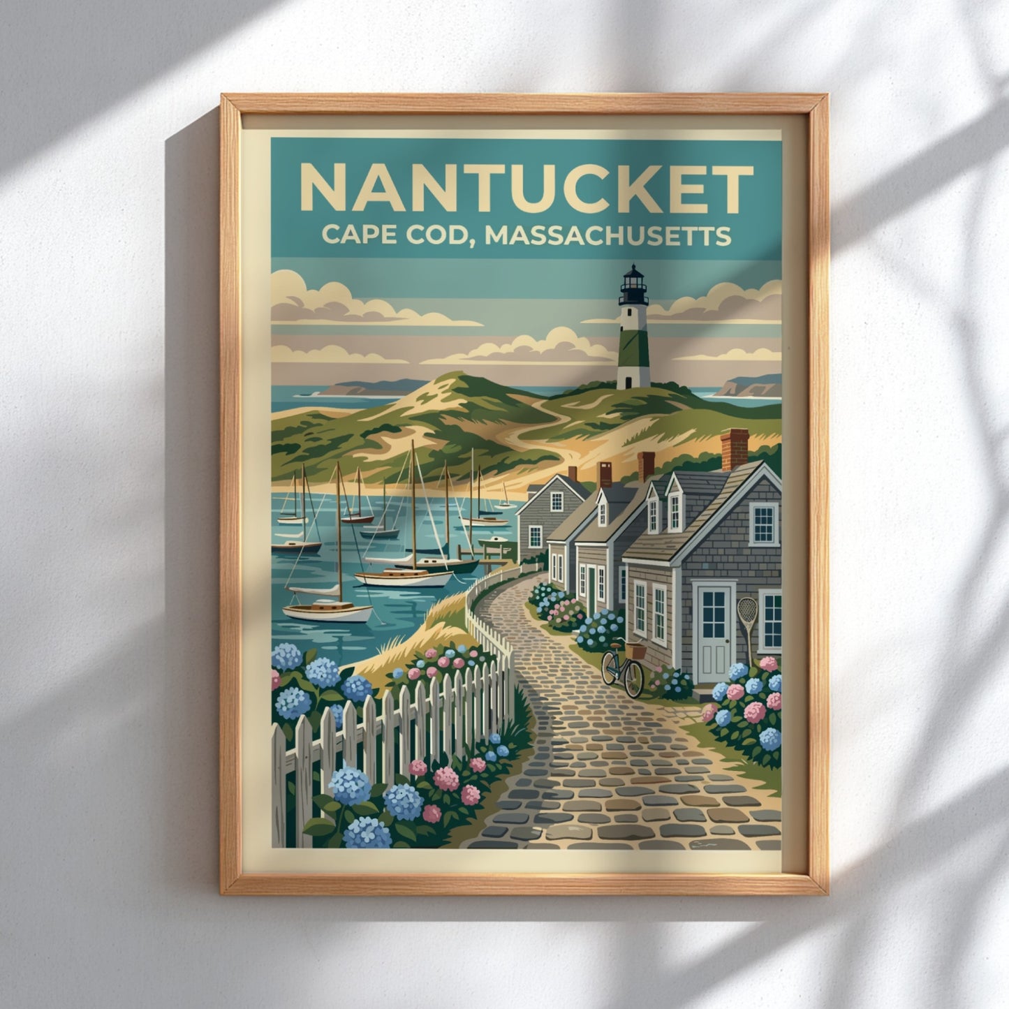 Travel poster of a Nantucket lighthouse and cobblestone path with blue hydrangea flowers.