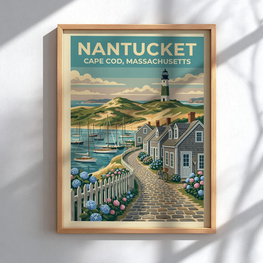 Travel poster of a Nantucket lighthouse and cobblestone path with blue hydrangea flowers.