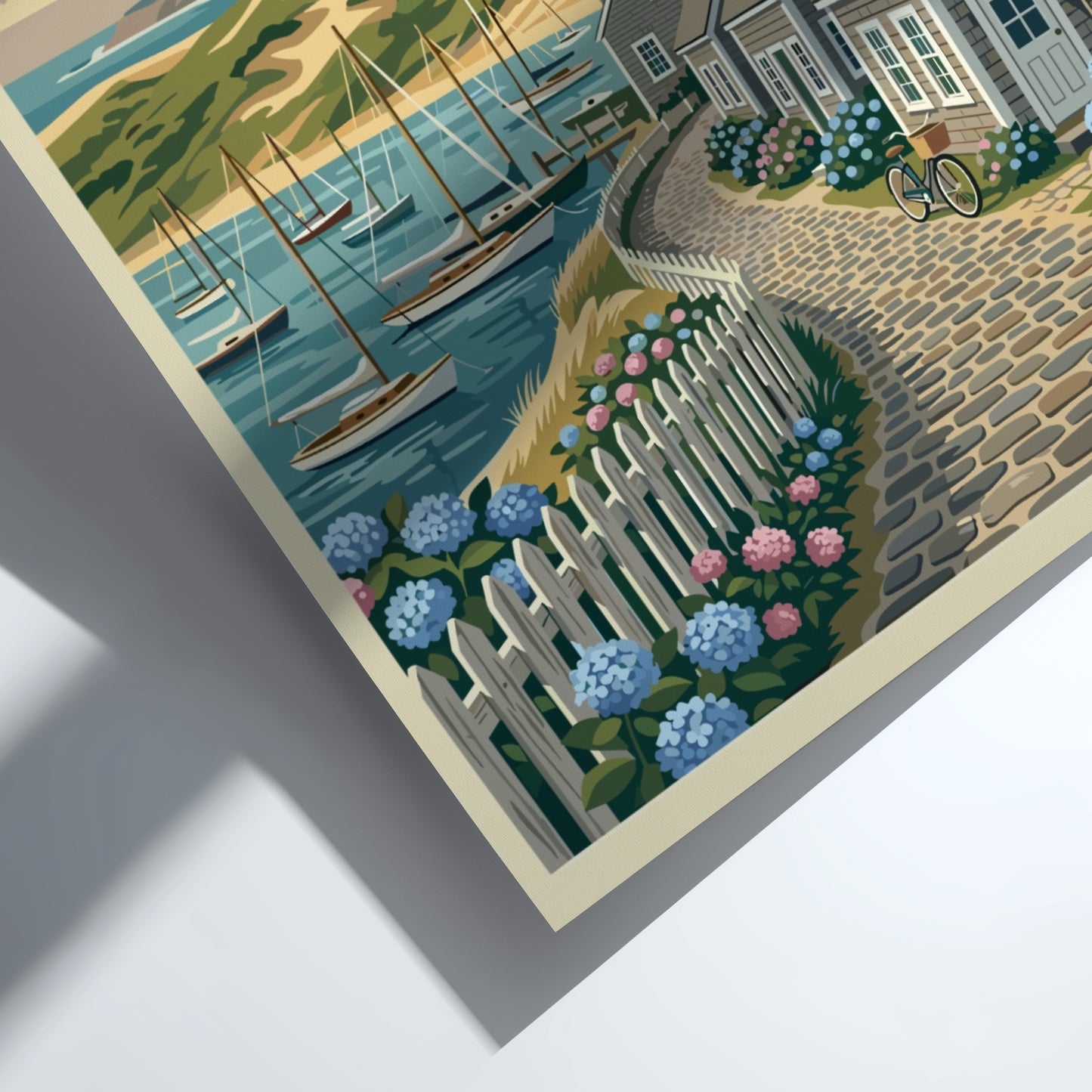 Travel poster of a Nantucket lighthouse and cobblestone path with blue hydrangea flowers.