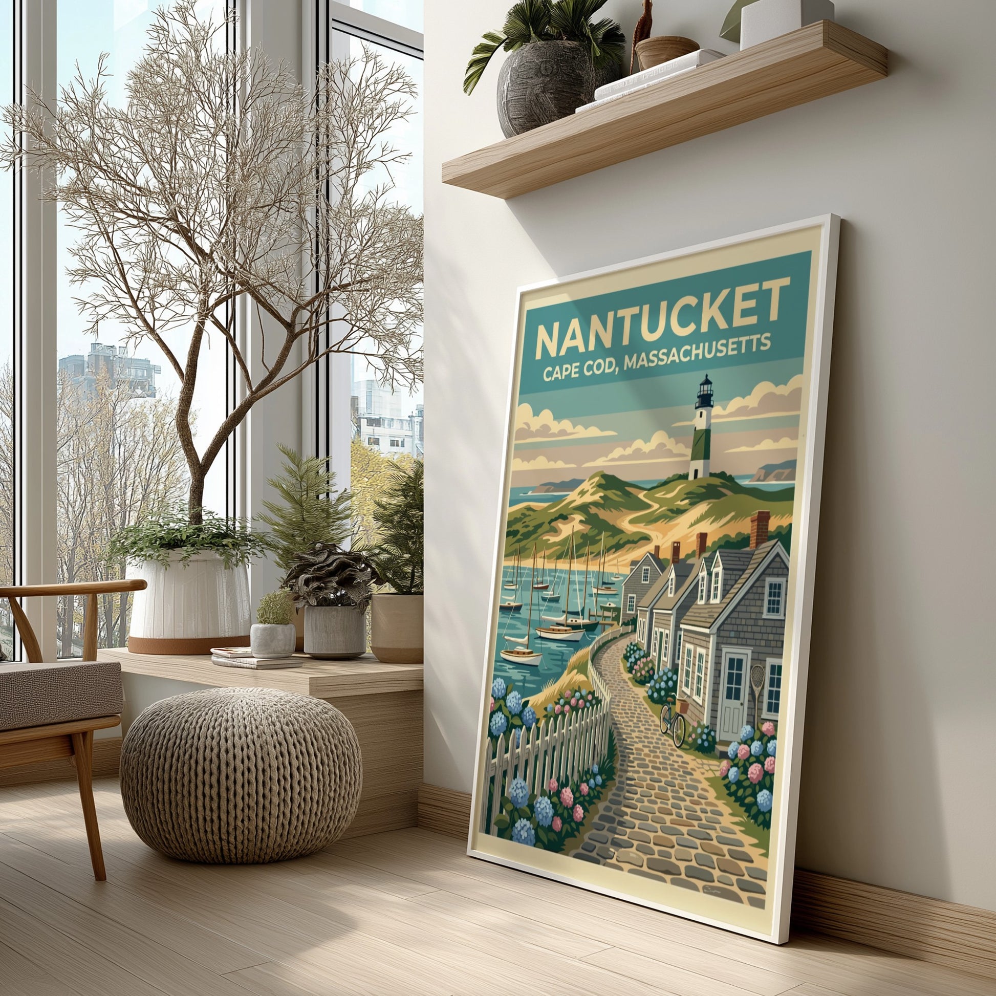 Travel poster of a Nantucket lighthouse and cobblestone path with blue hydrangea flowers.