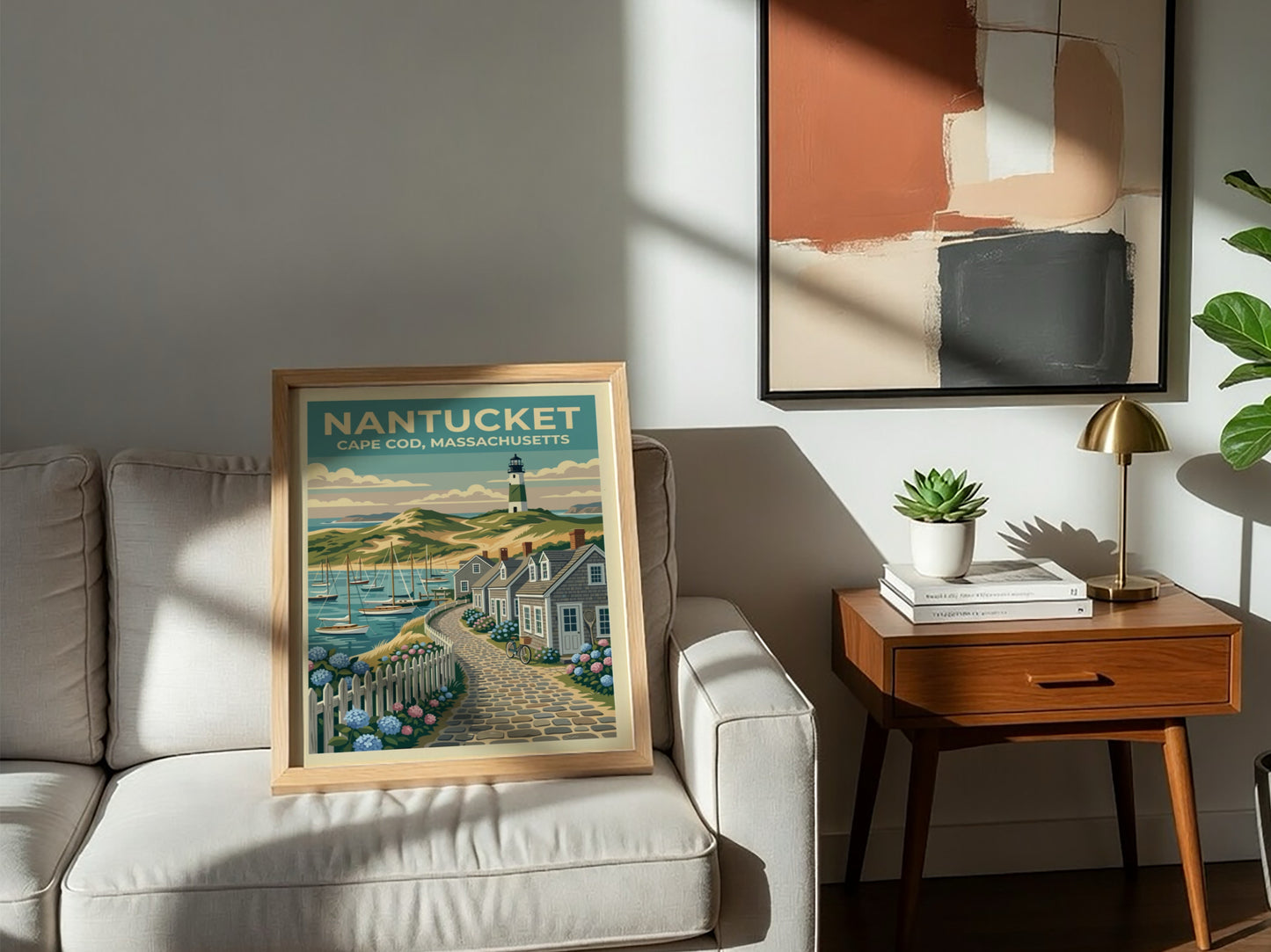 Travel poster of a Nantucket lighthouse and cobblestone path with blue hydrangea flowers.