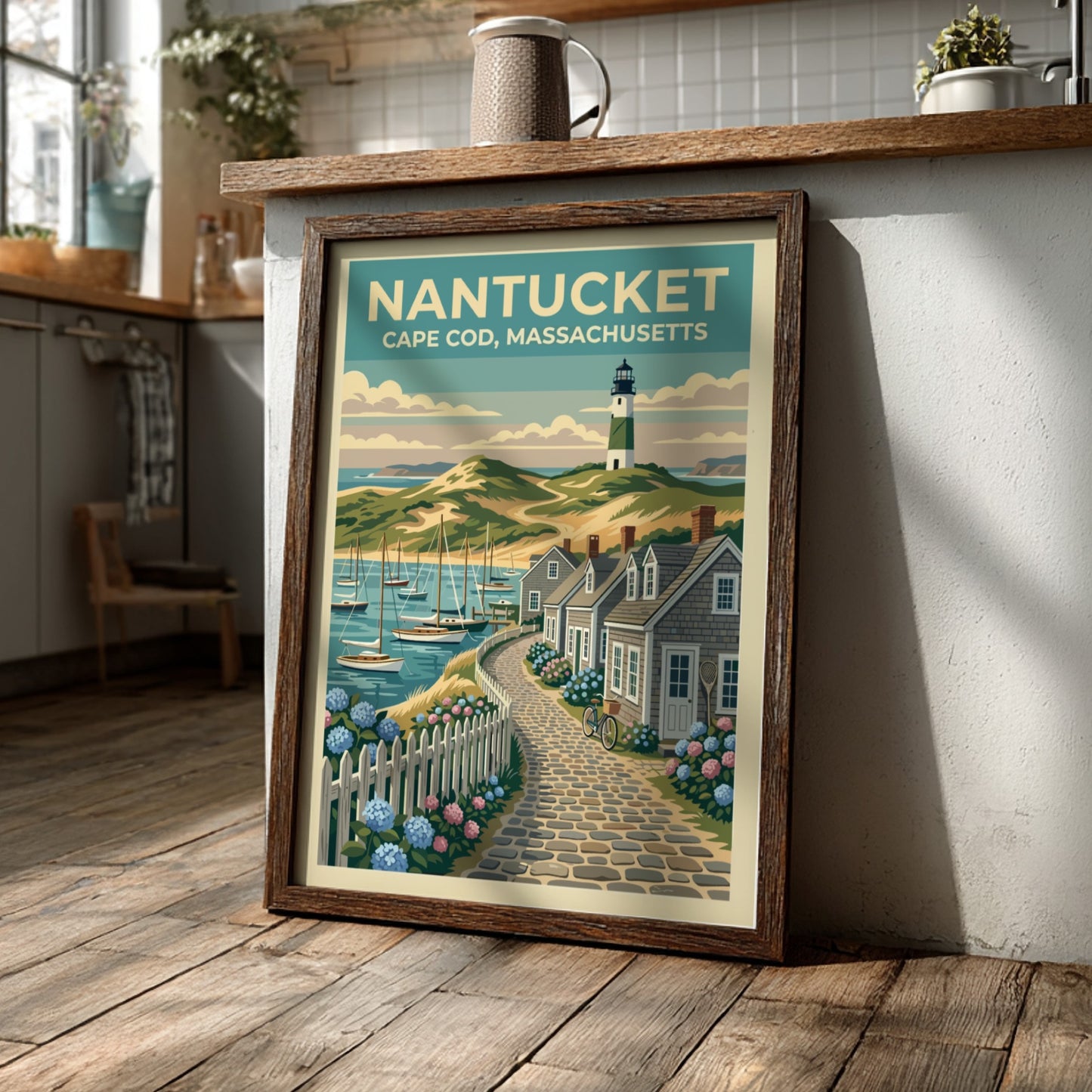 Travel poster of a Nantucket lighthouse and cobblestone path with blue hydrangea flowers.
