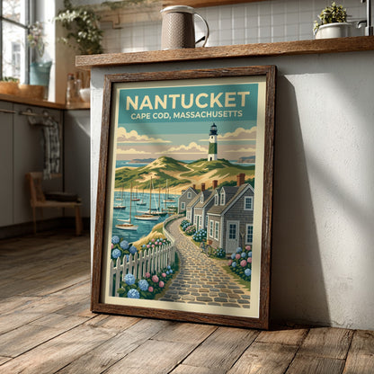 Travel poster of a Nantucket lighthouse and cobblestone path with blue hydrangea flowers.