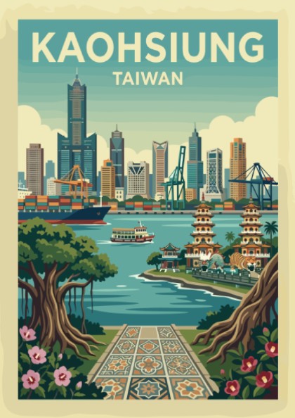 Kaohsiung skyline travel poster with retro illustration style and warm color palette.