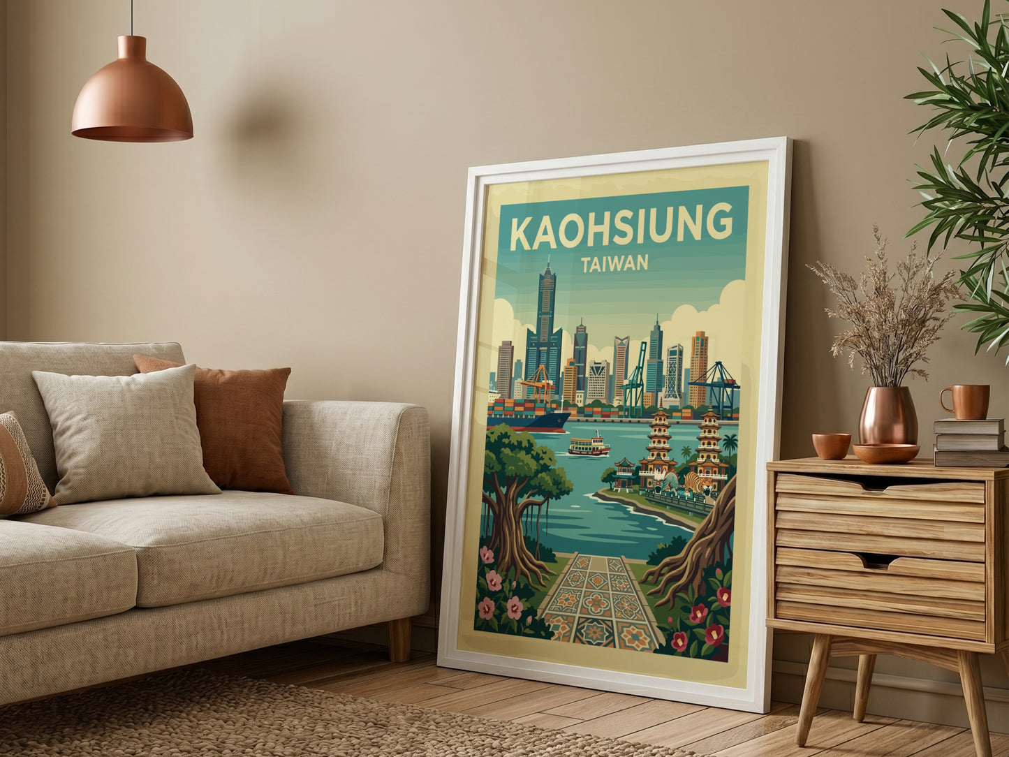 Kaohsiung skyline travel poster with retro illustration style and warm color palette.
