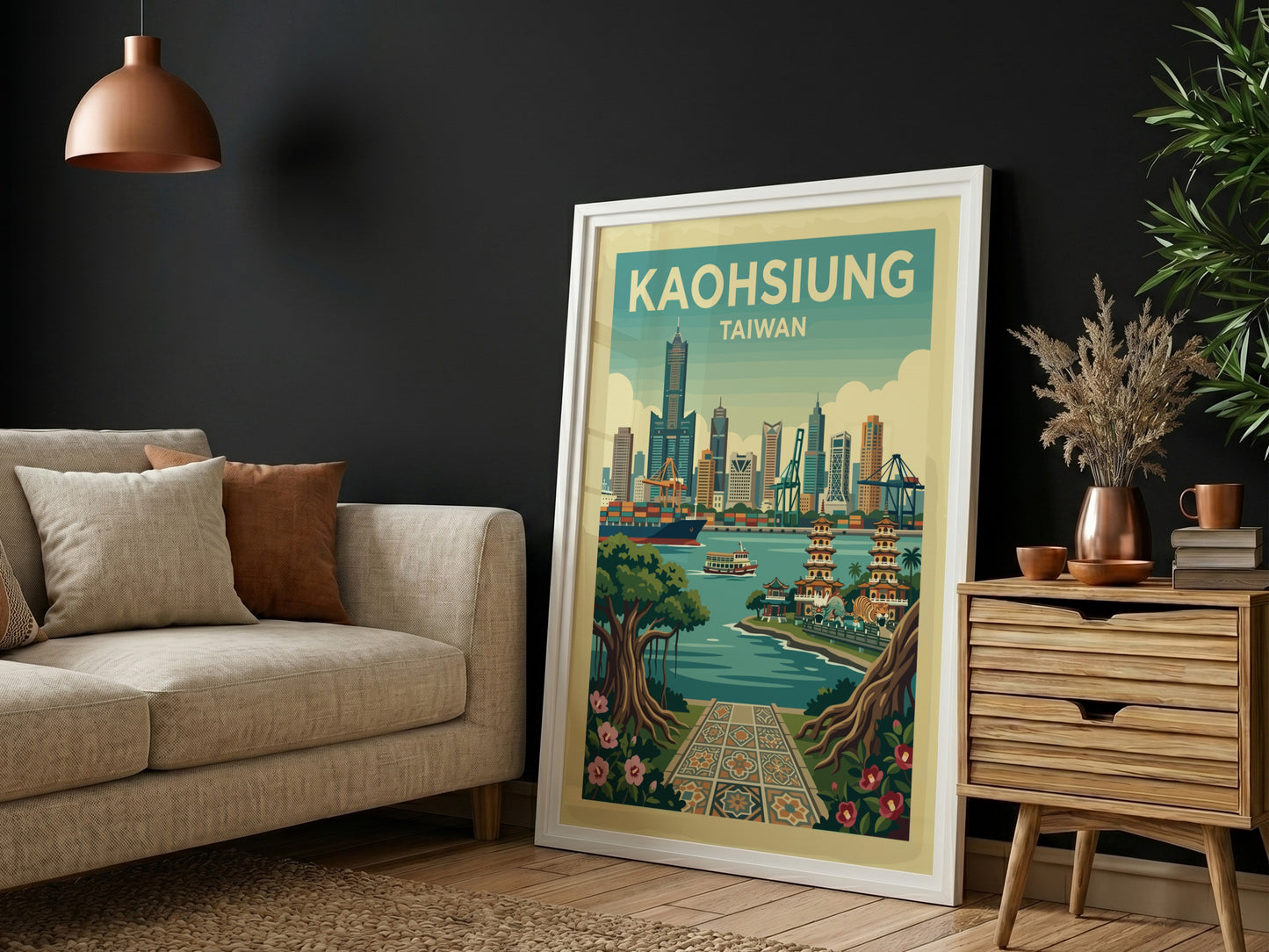 Kaohsiung skyline travel poster with retro illustration style and warm color palette.